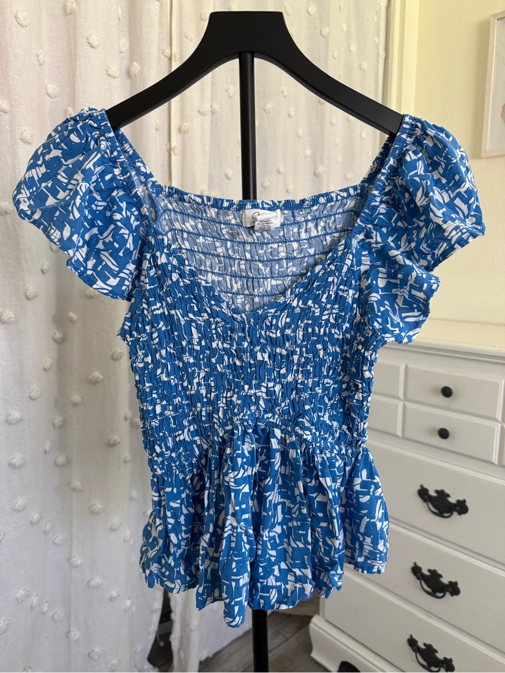 Jasper Blue & White Smocked Peplum Top – Size Medium